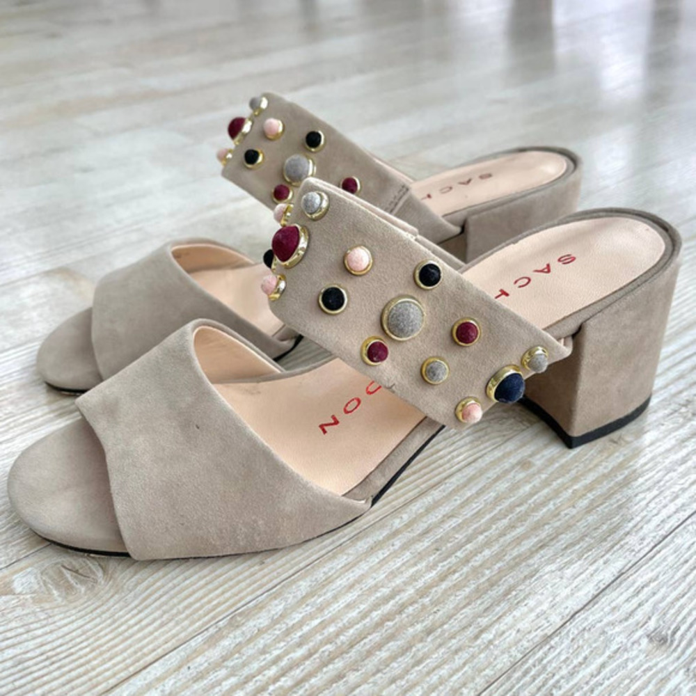 Sacha London Beige Suede Block Heel Mules with Multicolor Studs
